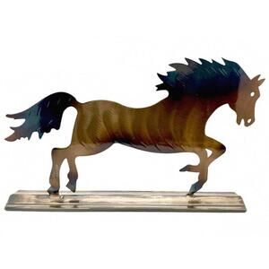 Iridescent Metal Horse Sculpture Canadian Studio Signed Folk Art Brushed Steel